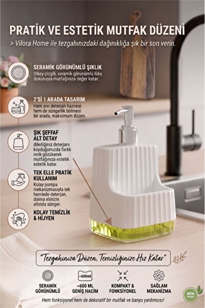 VİLORA HOME Modern Şeffaf Tabanlı Dayanımlı Tezgah Üstü Sabunluk&Sünger-Kuru ...