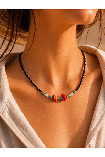 ACAR TAKI Black, Colorful Beaded Necklace 41+4cm Acr9870