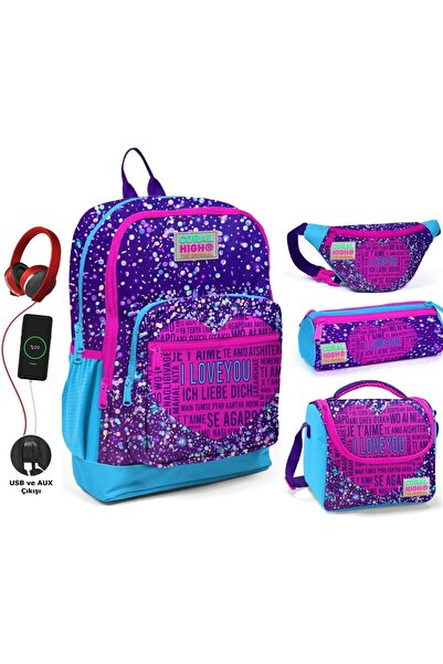 Coral High Mor Mavi Kalp USB Soketli Okul Çanta Seti ve Bel Çantası - Kız Çocuk