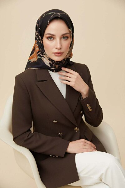 Vissona وشاح حريري بنمط هندسي باللون البني الكاكي - 100% Twill، 90x90، مخيط ي...