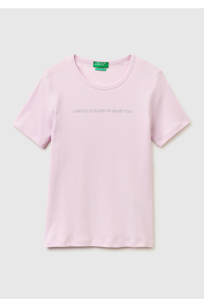 United Colors of Benetton Γυναικείο ανοιχτό ροζ 100% βαμβακερό μπλουζάκι με λ...