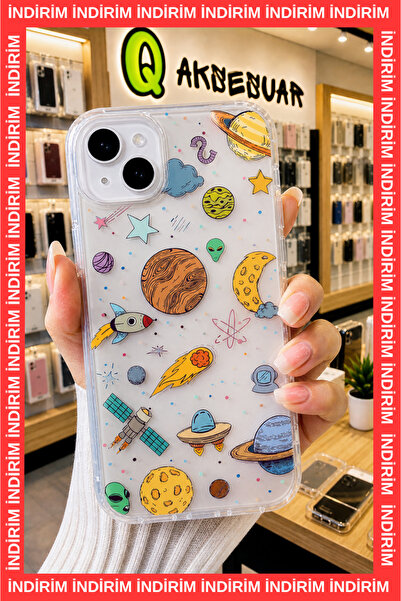Q Aksesuar iPhone 13 / 14 / 15 Uyumlu Şeffaf Kılıf Uzay Desenli Darbe Emici S...
