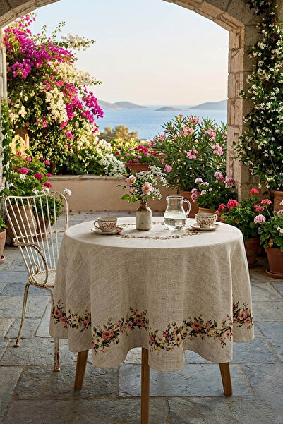 Çt Çeyizci Tekstil Round Cross Stitch Printed Cream Tablecloth Digital Printed