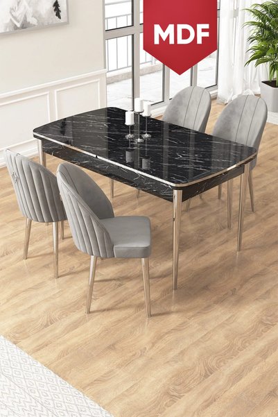 Canisa Edaf Serisi 80x132 MDF Açılabilir Siyah Mermer Desen Mutfak Masa Takım...