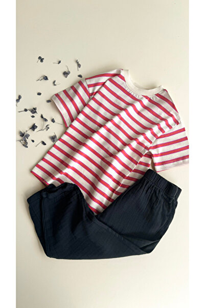 Cigit Muslin Shalwar T-Shirt Set for 2-10 Years Old, Fuchsia Orange Striped