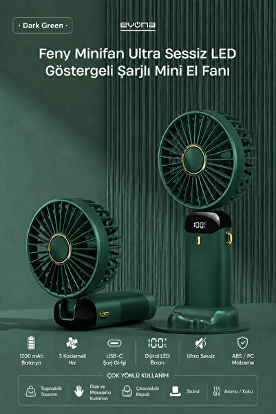 evona Feny Taşınabilir El Fanı, 5 Kademeli Soğutma, Dijital Göstergeli Mini Fan