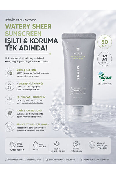 Mizon Inout Watery Sheer Sunscreen Spf50 Pa++++ 50 ml - Moisturizing Sunscreen