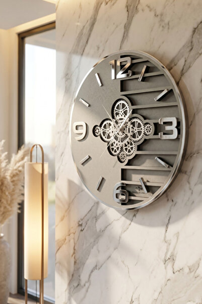 aSSe Tasarım Premium Rotating Gears Mirror Wall Clock Hareketli Döner Çark 50...