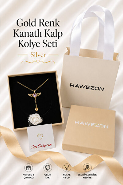RAWEZON Nerovia Kutulu Çantalı Set- Gold Zirkon Taşlı Kanatlı Kalp Çelik Koly...