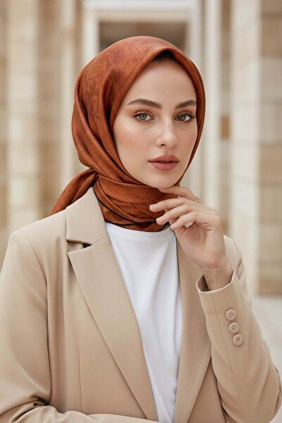 Vissona %100 Twill İpek Doku Desenli Sarı - Taba Renkli 90x90 Eşarp Dikim Şek...