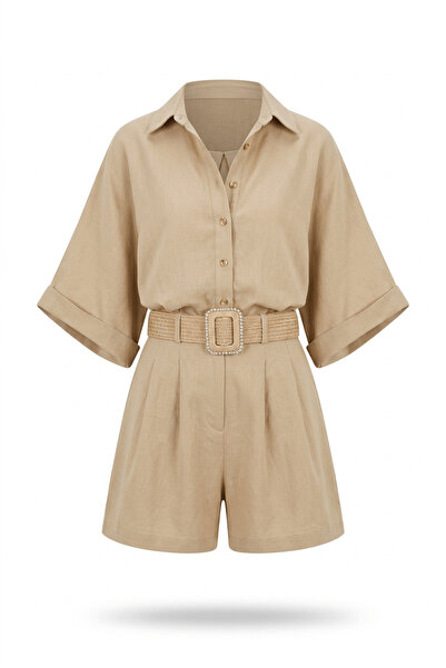 Sue Store Khaki Shirt Shorts Belted Linen Set