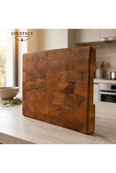 NeFizzDoğa Handmade Elm End Grain Cutting Board – 38X28X5 cm Solid Wood Prese...
