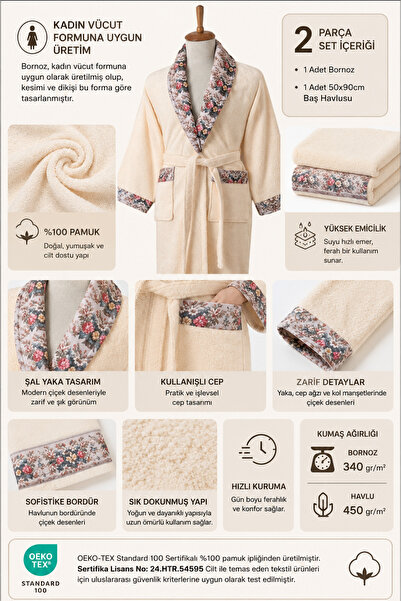 Ellaline Fiore Floral Patterned Women's Robe Set 100% Cotton Certified 2-Piece Robe and Head Towel - Cream