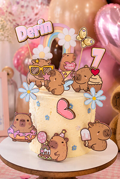Capybara Kapibara Temalı Kız Çocuk Doğum Günü Kişiye Özel 3D Pasta Süsü Seti Cake Topper