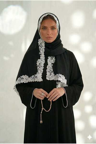 Veil Designer 'طرحة ترف اسود بوال طبقتين بتطريز علي ثلاث اطراف من الطرحة ورد ...