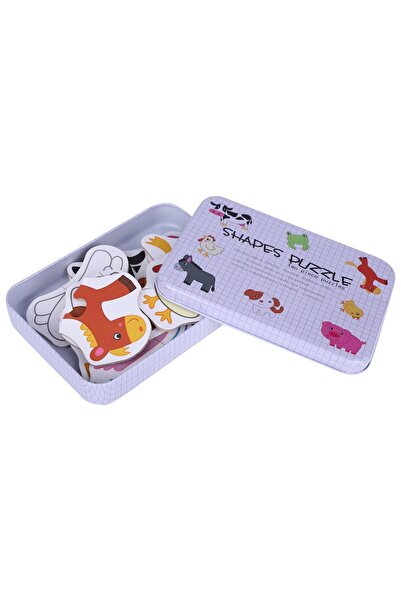bebeLOGIC Puzzle din lemn bebeLOGIC, Animalele de la ferma, cutie metalica, 17x12x3 cm