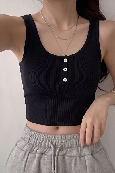 Mood Lab Kalın Askılı U Yaka Dügme Detaylı Crop Top Atlet
