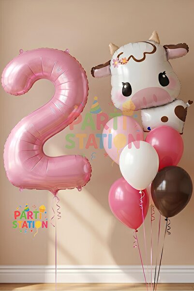 Parti Station Safari Konsept Sevimli İnek ve Pembe Rakam Balon 2 Yaş Set Safa...
