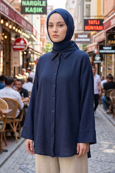 Naknaku Women's Hijab Shirt Navy Blue Double Sleeve Muslin Fabric Summer Comf...