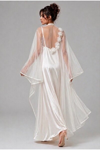 For Dreams Satin Long Nightgown and Tulle Dressing Gown 2-Piece Set with One-...
