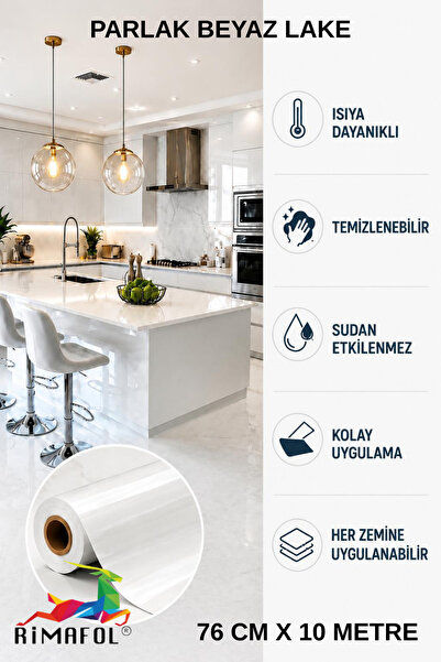 RİMAFOL Parlak Beyaz Yapışkanlı Mutfak Dolap ve Mobilya Kaplama Folyosu 76 CM...