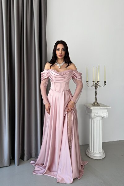 Serica Moda Pudra Kayık Yaka Balenli Dantel Detaylı Uzun Abiye Elbise