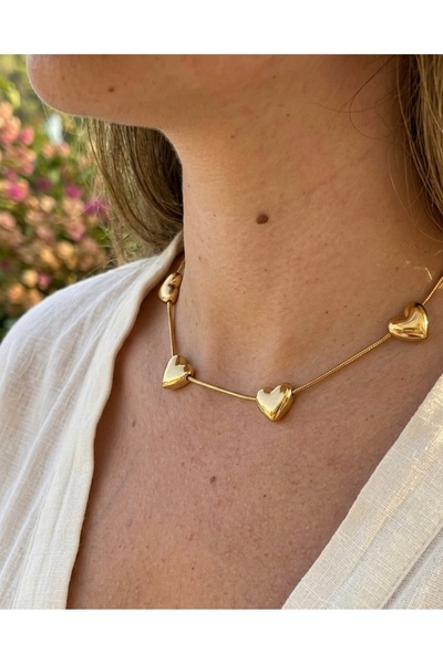 Melanj Craft Five Heart Chain Steel Necklace - Gold