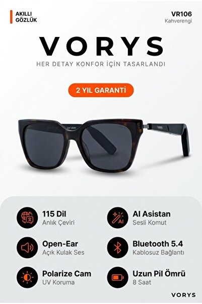 VORYS VR106 Yapay Zeka Akıllı Gözlük 115 Dil Çeviri Bluetooth Açık Kulak Müzi...