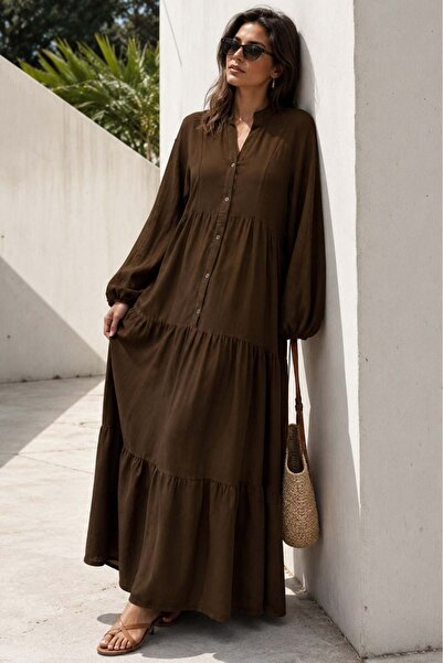 Madmext Brown Long Sleeve Buttoned Dress Mg2433
