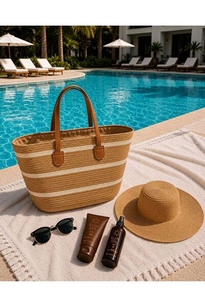 Axesoire NWC-1043-1 Ριγέ Camel Beige Ψάθινη τσάντα