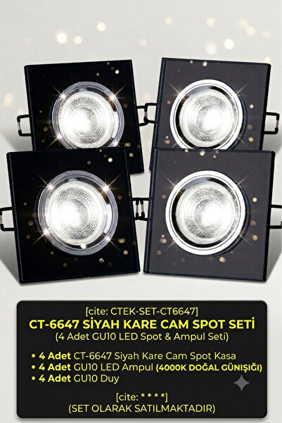 YEŞİM 4 TAKIM SET Dekoratif Siyah Cam Spot Günışığı Spot Ampul+GU 10 Duylu Ta...