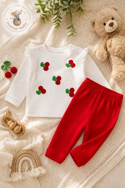 METEOR BABY Baby Girl-Child Cherry Embroidered 2-Piece Baby Set Soft Textured...