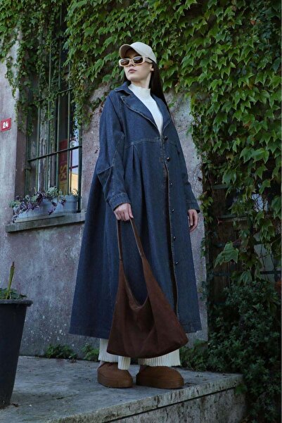 ZÜLAYS Düğmeli Salaş Denim Trençkot Koyu Mavi