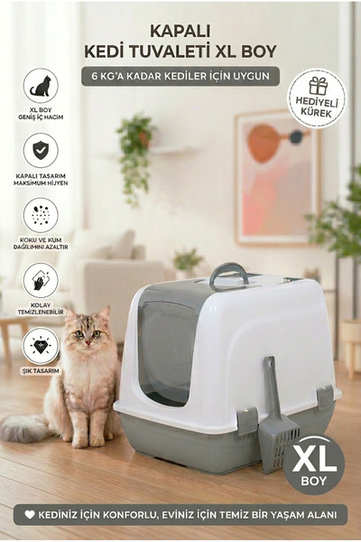 Kurtbay Şekil Flex Kapalı Kedi Tuvaleti – 37,5 x 50 x 40 cm, XL boy, Kum Küre...