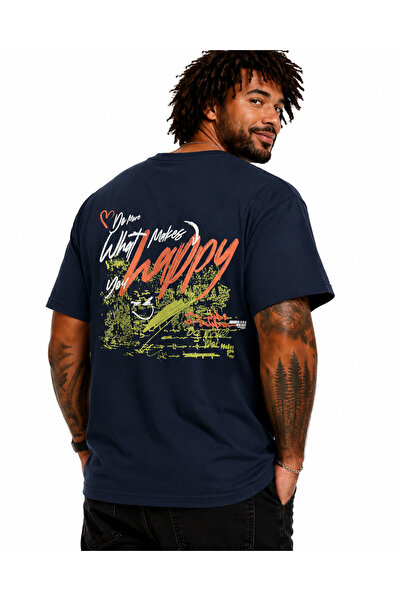 Starbattal Men's Large Size Crew Neck T-Shirt Happy 26149 Navy Blue