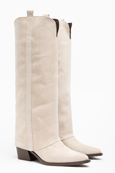 DENORA Beige Skin Cream Matte Suede Trousers Flat Western Cowboy Boots
