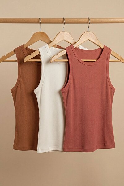 COTENCONCEPT 3 Pieces of Ribbed Fitted Viscose Blended Strappy T-Shirt