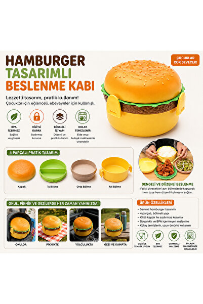 Mersi SHOP Kontejner za ishranu u obliku hamburgera – 3 odseka, zaključiva ku...