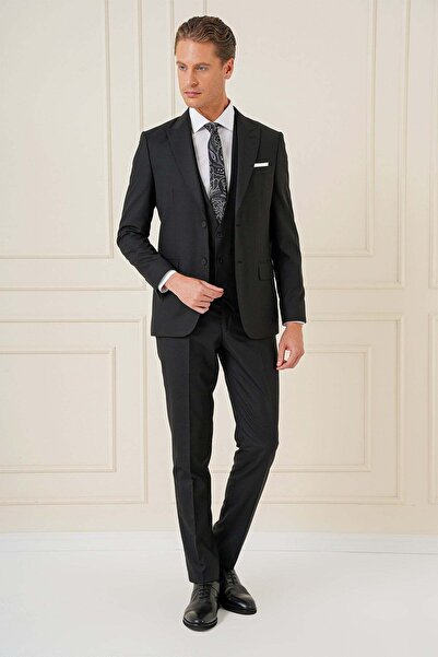 Efor Slim Fit Kırlangıç Yaka Çift Yırtmaçlı Yelekli Klasik Siyah Takım Elbise...