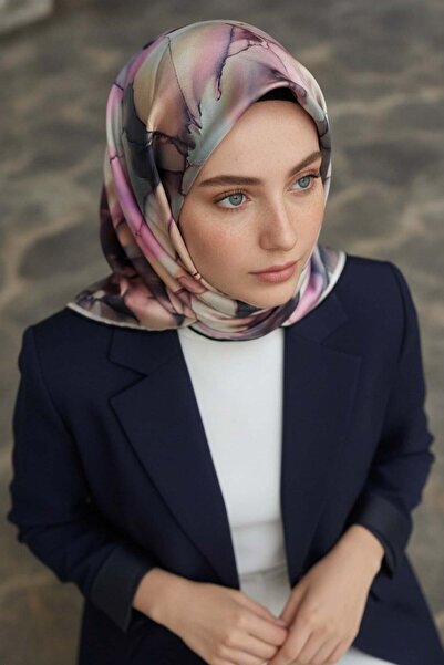Vissona %100 Twill İpek Batik Çiçek Desenli Somon - Lila Renkli 90x90 Eşarp K...