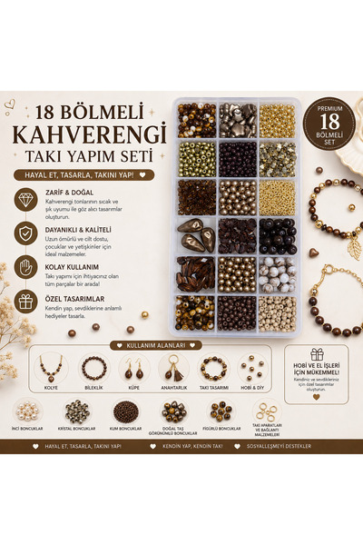 By MO Accessories Kahverengi Renklerde Takı Yapım Seti Boncuk Altın Renk Apar...