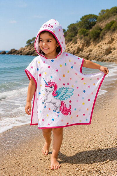 Minilee Unicorn - İsimli Kız Çocuk Kapşonlu Panço Havlu – Deniz, Havuz ve Banyo Bornoz Pançosu 2-8 Yaş