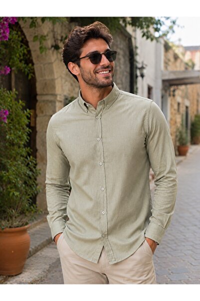 EMPEROR APPAREL Erkek Haki Uzun Kollu Yaka Düğmeli Flam Keten Gömlek