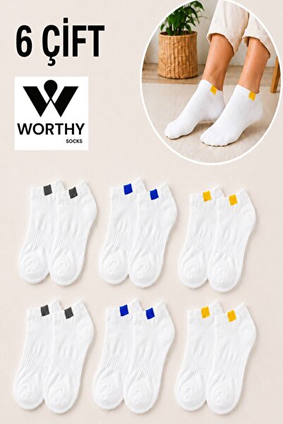 WORTHY SOCKS Set of 6 Unisex Rubber Square Patterned White Booties Ankle Socks