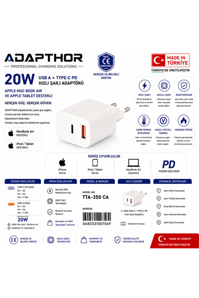 ADAPTHOR Tta-350 Ut Pd/qc Usb To Type C 3 A Kablolu Set Beyaz