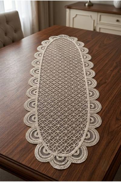 cacao home Fransız Dantelli Örme Tabanlı Tek Runner Masa Örtüsü 35x110 Cm Mas...