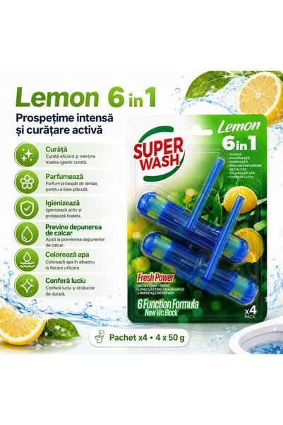 Super wash Odorizant WC Fresh Power Lemon 6 în 1, pachet 2 bucăți, 2 x 50 g, curăță, parfumiază și colorează apa