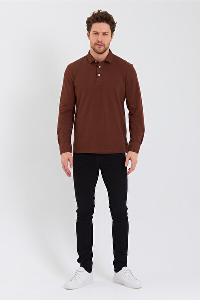 ENQUE Men's Polo Neck Comfort Long Sleeve Basic Brown T-Shirt