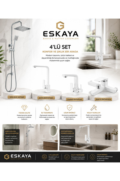 ESHOME 4'lü Full Batarya Seti Beyaz Kare Robot Duş - Banyo - Lavabo - Mutfak ...