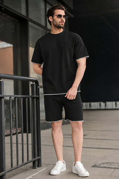 Madmext Black Embroidery Detailed Men's Shorts T-Shirt Set E7305